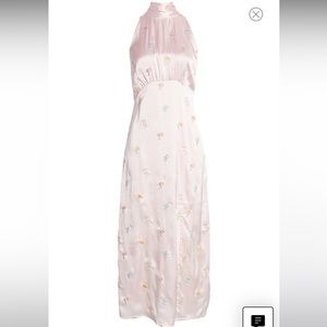 Floral Embroidery Halter Neck Satin Dress